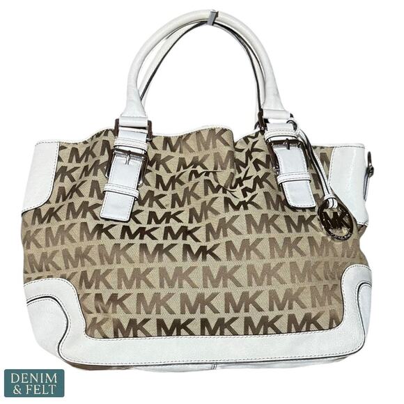 Michael Kors MK Logo Canvas Satchel with Cream Leather Trim & Charm Tote Bag - Picture 1 of 16